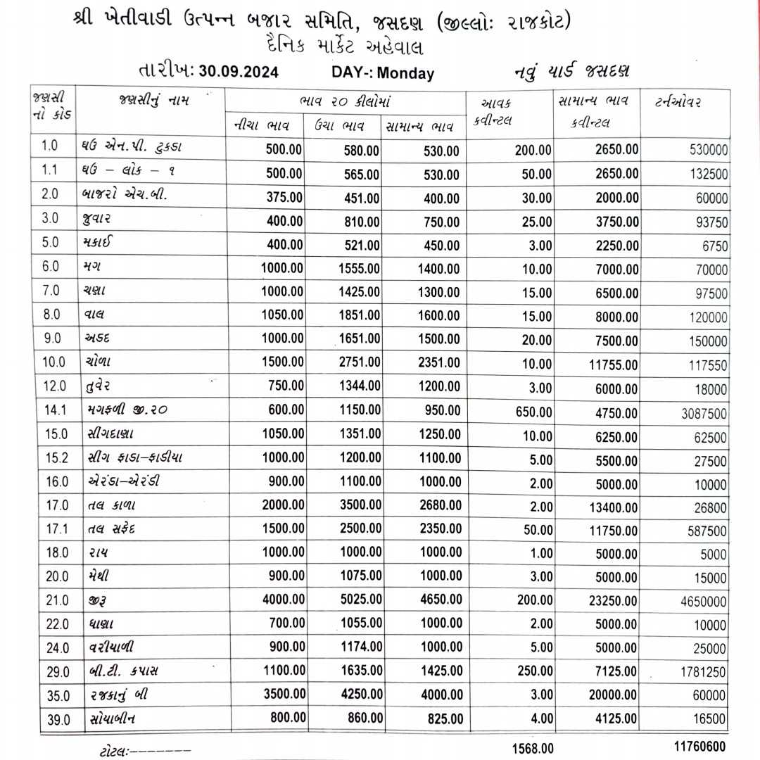 જસદણ બજારભાવ તારીખ 30/09/2024 વાર સોમવાર