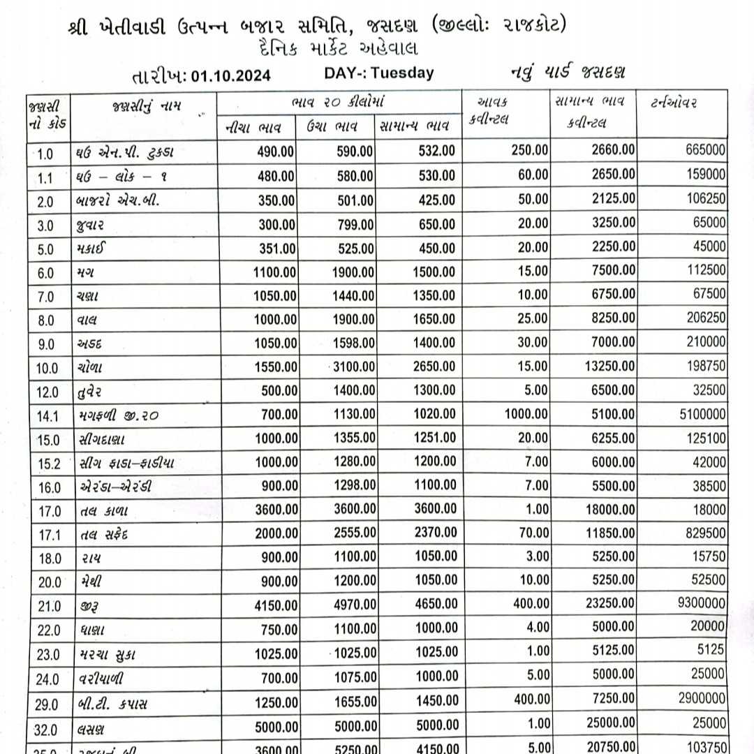 જસદણ બજારભાવ તારીખ 01/10/2024 વાર મંગળવાર