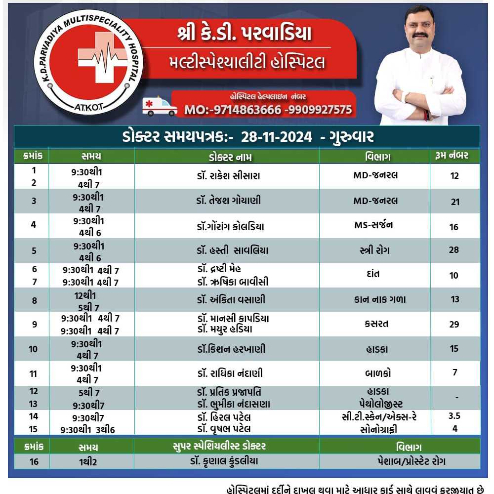 આટકોટ કે. ડી. પી. હોસ્પીટલ ડોક્ટર સમય પત્રક તારીખ 28/11/2024 વાર ગુરૂવાર