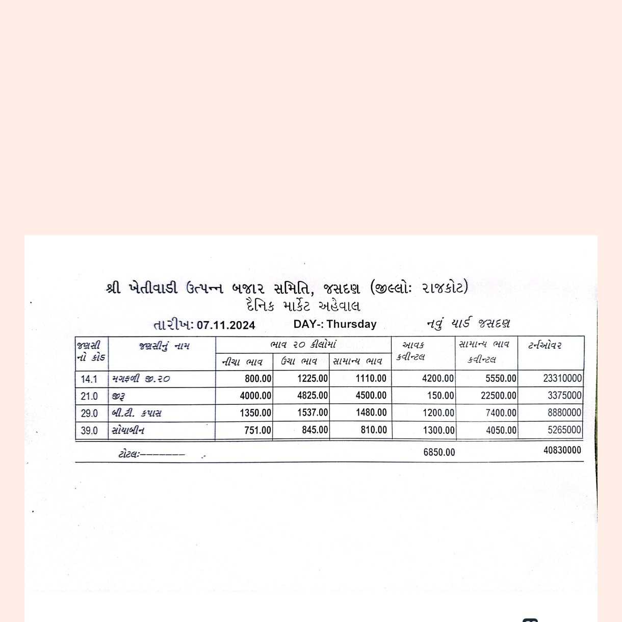 જસદણ બજારભાવ તારીખ 7/11/2024 વાર ગુરૂવાર