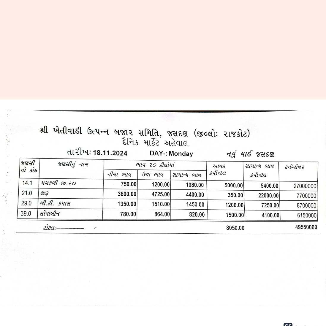 જસદણ બજારભાવ તારીખ 18/11/2024 વાર સોમવાર